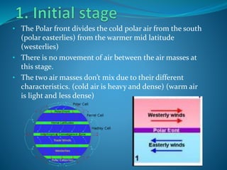 • The Polar front divides the cold polar air from the south
(polar easterlies) from the warmer mid latitude
(westerlies)
• There is no movement of air between the air masses at
this stage.
• The two air masses don’t mix due to their different
characteristics. (cold air is heavy and dense) (warm air
is light and less dense)
 