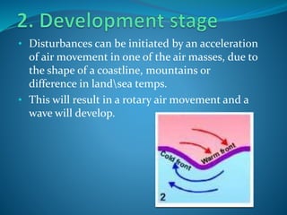 • Disturbances can be initiated by an acceleration
of air movement in one of the air masses, due to
the shape of a coastline, mountains or
difference in landsea temps.
• This will result in a rotary air movement and a
wave will develop.
 