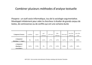 Combiner	
  plusieurs	
  méthodes	
  d’analyse	
  textuelle	
  
	
  
Prospero	
  :	
  un	
  ou5l	
  socio-­‐informa5que,	
  issu	
  de	
  la	
  sociologie	
  argumenta5ve.	
  
Développé	
  ini5alement	
  pour	
  aider	
  le	
  chercheur	
  à	
  étudier	
  de	
  grands	
  corpus	
  de	
  
textes,	
  de	
  controverses	
  ou	
  de	
  conﬂits	
  qui	
  ont	
  une	
  certaine	
  durée	
  
	
  
JADT	
  2014	
  :	
  12es	
  Journées	
  interna5onales	
  d’Analyse	
  sta5s5que	
  des	
  Données	
  Textuelles	
  	
  
 