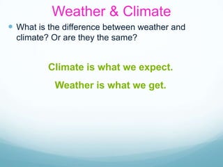 Weather & Climate What is the difference between weather and climate? Or are they the same? Climate is what we expect.  Weather is what we get. 