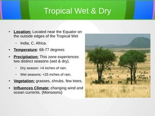 Tropical Wet & Dry
● Location: Located near the Equator on
the outside edges of the Tropical Wet
– India, C. Africa.
● Temperature: 68-77 degrees
● Precipitation: This zone experiences
two distinct seasons (wet & dry).
– Dry season: >4 inches of rain.
– Wet seasons: +25 inches of rain.
● Vegetation: grasses, shrubs, few trees.
● Influences Climate: changing wind and
ocean currents. (Monsoons)
 