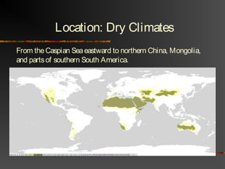 Location: Dry Climates
From theCaspian Seaeastward to northern China, Mongolia,
and partsof southern South America.
 