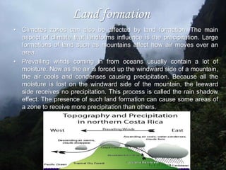 Factors affecting climate in climate zonesThere are five major factors that influence the climate in climate zones1.)Latitude      2.) Large bodies of water	  3.) Air Currents     4.) Land formation     5.) Altitude