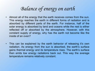 Large bodies of water		 The presence of large bodies of water can also influence the climate of a region. Although there are many ways in which these water bodies can affect the climate, the most significant impact is based on the fact that these water masses act as heat sponges. In other words, the water absorbs heat during warm periods and release them during cold period. Because of this behavior, large bodies of water are known to be moderators; during the hot days of summer, the water absorbs heat, bringing the temperature down to a moderate level. Similarly, during cold winters, heat is emitting into the air, again, bringing the temperature to a moderate level.  		