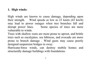 10
1. High winds:
High winds are known to cause damage, depending upon
their strength. Wind speeds as low as 23 knots (43 km/h)
may lead to power outages when tree branches fall and
disrupt power lines. Some species of trees are more
vulnerable to winds.
Trees with shallow roots are more prone to uproot, and brittle
trees such as eucalyptus, sea hibiscus, and avocado are more
prone to branch damage . Wind gusts may cause poorly
designed suspension bridges to sway.
Hurricane-force winds, can destroy mobile homes and
structurally damage buildings with foundations.
 