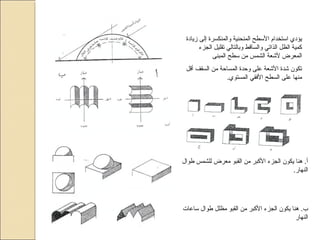 ‫زيادة‬ ‫إلى‬ ‫والمنكسرة‬ ‫المنحنية‬ ‫السطح‬ ‫استخدام‬ ‫يؤدي‬
‫الجزء‬ ‫تقليل‬ ‫وبالتالي‬ ‫والساقط‬ ‫الذاتي‬ ‫الظل‬ ‫كمية‬
‫المبنى‬ ‫سطح‬ ‫من‬ ‫الشمس‬ ‫لشعة‬ ‫المعرض‬
‫أقل‬ ‫السقف‬ ‫من‬ ‫المساحة‬ ‫وحدة‬ ‫على‬ ‫الشعة‬ ‫شدة‬ ‫تكون‬
.‫المستوي‬ ‫الفقي‬ ‫السطح‬ ‫على‬ ‫منها‬
‫طوال‬ ‫للشمس‬ ‫معرض‬ ‫القبو‬ ‫من‬ ‫الكبر‬ ‫الجزء‬ ‫يكون‬ ‫هنا‬ .‫أ‬
.‫النهار‬
‫ساعات‬ ‫طوال‬ ‫مظلل‬ ‫القبو‬ ‫من‬ ‫الكبر‬ ‫الجزء‬ ‫يكون‬ ‫هنا‬ .‫ب‬
‫النهار‬
 