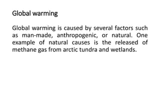 Global warming
Global warming is caused by several factors such
as man-made, anthropogenic, or natural. One
example of natural causes is the released of
methane gas from arctic tundra and wetlands.
 