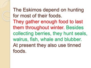 The Eskimos depend on hunting
for most of their foods.
They gather enough food to last
them throughout winter. Besides
collecting berries, they hunt seals,
walrus, fish, whale and blubber.
At present they also use tinned
foods.
 