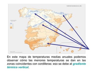 En este mapa de temperaturas medias anuales podemos
observar cómo las menores temperaturas se dan en las
zonas coincidentes con cordilleras: eso se debe al gradiente
térmico vertical.
 