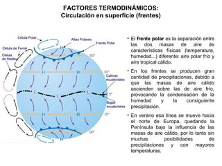 FACTORES TERMODINÁMICOS:
Circulación en superficie (frentes)
• El frente polar es la separación entre
las dos masas de aire de
características físicas (temperatura,
humedad...) diferente: aire polar frío y
aire tropical cálido.
• En los frentes se producen gran
cantidad de precipitaciones, debido a
que las masas de aire cálido
ascienden sobre las de aire frío,
provocando la condensación de la
humedad y la consiguiente
precipitación.
• En verano esa línea se mueve hacia
el norte de Europa, quedando la
Península bajo la influencia de las
masas de aire cálido, por lo tanto sin
muchas posibilidades de
precipitaciones y con mayores
temperaturas.
 