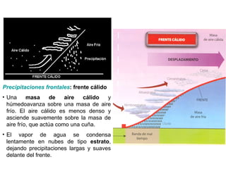 Precipitaciones frontales: frente cálido
• Una masa de aire cálido y
húmedoavanza sobre una masa de aire
frío. El aire cálido es menos denso y
asciende suavemente sobre la masa de
aire frío, que actúa como una cuña.
• El vapor de agua se condensa
lentamente en nubes de tipo estrato,
dejando precipitaciones largas y suaves
delante del frente.
 