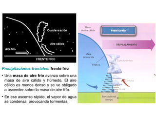 Precipitaciones frontales: frente frío
• Una masa de aire frío avanza sobre una
masa de aire cálido y húmedo. El aire
cálido es menos denso y se ve obligado
a ascender sobre la masa de aire frío.
• En ese ascenso rápido, el vapor de agua
se condensa, provocando tormentas.
 