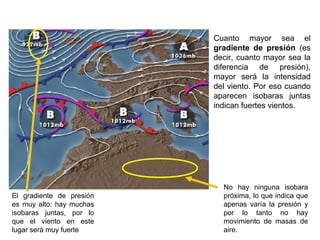 Cuanto mayor sea el
gradiente de presión (es
decir, cuanto mayor sea la
diferencia de presión),
mayor será la intensidad
del viento. Por eso cuando
aparecen isobaras juntas
indican fuertes vientos.
El gradiente de presión
es muy alto: hay muchas
isobaras juntas, por lo
que el viento en este
lugar será muy fuerte
No hay ninguna isobara
próxima, lo que indica que
apenas varía la presión y
por lo tanto no hay
movimiento de masas de
aire.
Prof. Isaac Buzo Sánchez
 