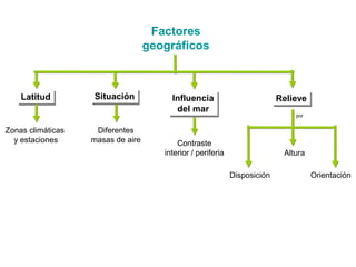 por
Factores
geográficos
LatitudLatitud
Zonas climáticas
y estaciones
SituaciónSituación
Diferentes
masas de aire
Influencia
del mar
Influencia
del mar
Contraste
interior / periferia
RelieveRelieve
Disposición
Altura
Orientación
 