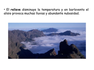 • El relieve disminuye la temperatura y en barlovento el
alisio provoca muchas lluvias y abundante nubosidad.
 