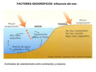 FACTORES GEOGRÁFICOS: Influencia del mar.
Contrastes de calentamiento entre continentes y océanos
 