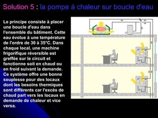 Solution 5 : la pompe à chaleur sur boucle d'eau
Le principe consiste à placer
une boucle d'eau dans
l'ensemble du bâtiment. Cette
eau évolue à une température
de l'ordre de 30 à 35°C. Dans
chaque local, une machine
frigorifique réversible est
greffée sur le circuit et
fonctionne soit en chaud ou
en froid suivant la demande.
Ce système offre une bonne
souplesse pour des locaux
dont les besoins thermiques
sont différents car l'excès de
chaud part vers les locaux en
demande de chaleur et vice
versa.
 