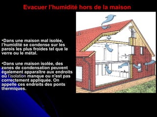Evacuer l’humidité hors de la maison
•Dans une maison mal isolée,Dans une maison mal isolée,
l’humidité se condense sur lesl’humidité se condense sur les
parois les plus froides tel que leparois les plus froides tel que le
verre ou le métal.verre ou le métal.
•Dans une maison isolée, desDans une maison isolée, des
zones de condensation peuventzones de condensation peuvent
également apparaître aux endroitségalement apparaître aux endroits
oùoù l’isolationl’isolation manque ou n'est pasmanque ou n'est pas
correctement appliquée. Oncorrectement appliquée. On
appelle ces endroits des pontsappelle ces endroits des ponts
thermiques.thermiques.
 