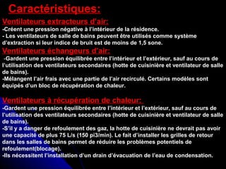 Caractéristiques:
Ventilateurs extracteurs d’air:
-Créent une pression négative à l’intérieur de la résidence.
- Les ventilateurs de salle de bains peuvent être utilisés comme système
d’extraction si leur indice de bruit est de moins de 1,5 sone.
Ventilateurs échangeurs d’air:
-Gardent une pression équilibrée entre l’intérieur et l’extérieur, sauf au cours de
l’utilisation des ventilateurs secondaires (hotte de cuisinière et ventilateur de salle
de bains).
-Mélangent l’air frais avec une partie de l’air recirculé. Certains modèles sont
équipés d’un bloc de récupération de chaleur.
Ventilateurs à récupération de chaleur:
-Gardent une pression équilibrée entre l’intérieur et l’extérieur, sauf au cours de
l’utilisation des ventilateurs secondaires (hotte de cuisinière et ventilateur de salle
de bains).
-S’il y a danger de refoulement des gaz, la hotte de cuisinière ne devrait pas avoir
une capacité de plus 75 L/s (150 pi3/min). Le fait d’installer les grilles de retour
dans les salles de bains permet de réduire les problèmes potentiels de
refoulement(blocage).
-Ils nécessitent l’installation d’un drain d’évacuation de l’eau de condensation.
 