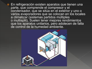  En refrigeración existen aparatos que tienen una
parte, que comprende el compresor y el
condensador, que se sitúa en el exterior y uno o
varios evaporadores que se colocan en los locales
a climatizar (sistemas partidos múltiples
o multisplit). Suelen tener mejores rendimientos
que los aparatos unitarios, pero adolecen de falta
de control de la humedad ambiente.
 