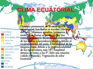 CLIMA ECUATORIAL. Dominio permanente de la convergencia intertropical. Las lluvias se suceden a lo largo del  año. Máximos variables (primavera y otoño). Las lluvias se producen por dos causas: ascendencia dinámica por convergencia de los alisios, o ascendencia térmica debido al recalentamiento del suelo. Uniformidad de las tempera­t­uras debido a la perpendicularidad de los rayos solares, más 18º. Amplitud térmica en torno a los 5º. Sólo una estación (cálida y húmeda). Vegetación de selva ecuatorial 