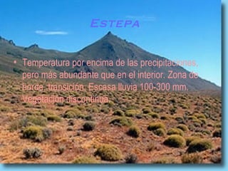 Estepa Temperatura por encima de las precipitaciones, pero más abundante que en el interior. Zona de borde, transición. Escasa lluvia 100-300 mm. Vegetación discontinua .   