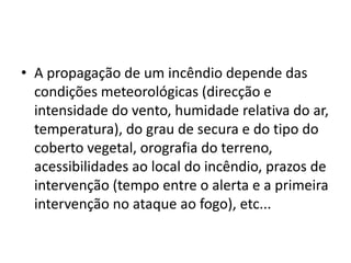 A propagação de um incêndio depende das condições meteorológicas (direcção e intensidade do vento, humidade relativa do ar, temperatura), do grau de secura e do tipo do coberto vegetal, orografia do terreno, acessibilidades ao local do incêndio, prazos de intervenção (tempo entre o alerta e a primeira intervenção no ataque ao fogo), etc...