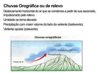 Chuvas Orográfica ou de relevo
Deslocamento horizontal do ar que se condensa a partir de sua ascensão,
impulsionado pelo relevo
Umidade se torna elevada
Precipitação com maior volume do lado da vertente (barlavento)
Vertente oposta (sotavento)
 