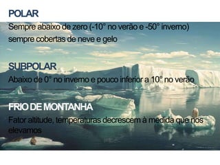 POLAR
Sempre abaixo de zero (-10° no verão e -50° inverno)
sempre cobertas de neve e gelo


SUBPOLAR
Abaixo de 0° no inverno e pouco inferior a 10° no verão


FRIO DE MONTANHA
Fator altitude, temperaturas decrescem à medida que nos
elevamos
 