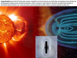 magnetosfera (escudo formado pelo campo magnético da terra) desvia as partículas carregadas provenientes de 
tempestades solares para os pólos terrestres, onde o campo é mais intenso. Quando as partículas atingem a 
atmosfera elas ionizam o ar, o que provoca a aurora boreal no pólo norte e a aurora austral no pólo sul. 
 