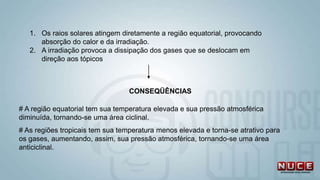 CONSEQÜÊNCIAS
# A região equatorial tem sua temperatura elevada e sua pressão atmosférica
diminuída, tornando-se uma área ciclinal.
# As regiões tropicais tem sua temperatura menos elevada e torna-se atrativo para
os gases, aumentando, assim, sua pressão atmosférica, tornando-se uma área
anticiclinal.
1. Os raios solares atingem diretamente a região equatorial, provocando
absorção do calor e da irradiação.
2. A irradiação provoca a dissipação dos gases que se deslocam em
direção aos tópicos
 