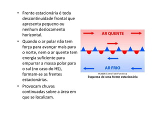 • Frente estacionária é toda
  descontinuidade frontal que
  apresenta pequeno ou
  nenhum deslocamento
  horizontal.
• Quando o ar polar não tem
  força para avançar mais para
  o norte, nem o ar quente tem
  energia suficiente para
  empurrar a massa polar para
  o sul (no caso do HS),
  formam-se as frentes
  estacionárias.
• Provocam chuvas
  continuadas sobre a área em
  que se localizam.
 
