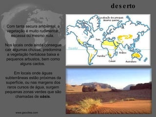 Com tanta secura ambiental, a vegetação é muito rudimentar, escassa ou mesmo nula.  Nos locais onde ainda consegue cair algumas chuvas, predomina a vegetação herbácea baixa e pequenos arbustos, bem como alguns cactos.  Em locais onde águas subterrâneas estão próximas da superfície, ou nas margens dos raros cursos de água, surgem pequenas zonas verdes que são chamadas de  oásis . deserto www.geocities.com  