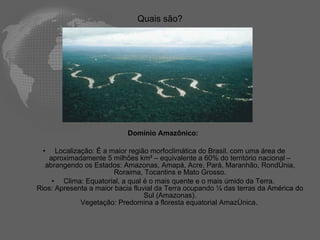 Quais são? Domínio Amazônico:  Localização: É a maior região morfoclimática do Brasil, com uma área de aproximadamente 5 milhões km² – equivalente a 60% do território nacional – abrangendo os Estados: Amazonas, Amapá, Acre, Pará, Maranhão, Rondônia, Roraima, Tocantins e Mato Grosso. Clima: Equatorial, a qual é o mais quente e o mais úmido da Terra.  Rios: Apresenta a maior bacia fluvial da Terra ocupando ¼ das terras da América do Sul (Amazonas). Vegetação: Predomina a floresta equatorial Amazônica.  