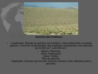 Domínio das Pradarias : Localização: Situado ao extremo sul brasileiro, mais exatamente a sudeste gaúcho, o domínio morfoclimático das pradarias compreende uma extensão de 45.000 km²  a 80.000 km² . Relevo: Planícies.  Clima: Subtropical.  Solos: Férteis.  Rios de planície.  Vegetação: Gramais que formam imensos campos muito utilizados para a pecuária.  