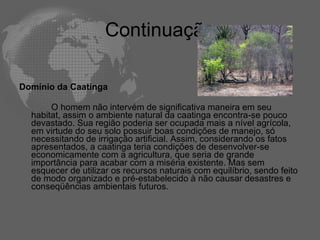 Continuação Domínio da Caatinga O homem não intervém de significativa maneira em seu habitat, assim o ambiente natural da caatinga encontra-se pouco devastado. Sua região poderia ser ocupada mais a nível agrícola, em virtude do seu solo possuir boas condições de manejo, só necessitando de irrigação artificial. Assim, considerando os fatos apresentados, a caatinga teria condições de desenvolver-se economicamente com a agricultura, que seria de grande importância para acabar com a miséria existente. Mas sem esquecer de utilizar os recursos naturais com equilíbrio, sendo feito de modo organizado e pré-estabelecido à não causar desastres e conseqüências ambientais futuros.  