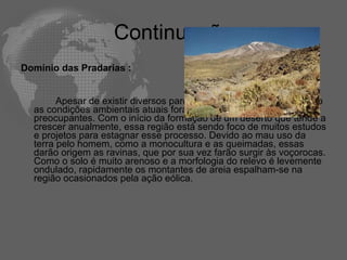 Continuação Domínio das Pradarias : Apesar de existir diversos parques ecológicos nesses domínio as condições ambientais atuais fora desses parques, são muito preocupantes. Com o início da formação de um deserto que tende a crescer anualmente, essa região está sendo foco de muitos estudos e projetos para estagnar esse processo. Devido ao mau uso da terra pelo homem, como a monocultura e as queimadas, essas darão origem as ravinas, que por sua vez farão surgir às voçorocas. Como o solo é muito arenoso e a morfologia do relevo é levemente ondulado, rapidamente os montantes de areia espalham-se na região ocasionados pela ação eólica.  