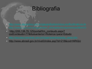 Bibliografia http://www.algosobre.com.br/geografia/dominios-morfloclimaticos-brasileiros-os-segundo-aziz-ab-saber.html http://www2.uol.com.br/aprendiz/n_simulado/revisao/revisao08/er030008.pdf   http://200.136.76.125/portal/frm_conteudo.aspx?codConteudo=77&tituloanterior=Roteiros+para+Estudo http://escolas.trendnet.com.br/icjsantoandre/sexta_serie.htm http://www.abrasil.gov.br/nivel3/index.asp?id=218&cod=NRIQU 