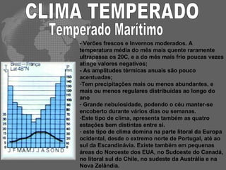 CLIMA TEMPERADO - Verões frescos e Invernos moderados. A temperatura média do mês mais quente raramente ultrapassa os 20C, e a do mês mais frio poucas vezes atinge valores negativos; - As amplitudes térmicas anuais são pouco acentuadas; Tem precipitações mais ou menos abundantes, e mais ou menos regulares distribuídas ao longo do ano Grande nebulosidade, podendo o céu manter-se encoberto durante vários dias ou semanas. Este tipo de clima, apresenta também as quatro estações bem distintas entre si.  este tipo de clima domina na parte litoral da Europa ocidental, desde o extremo norte de Portugal, até ao sul da Escandinávia. Existe também em pequenas áreas do Noroeste dos EUA, no Sudoeste do Canadá, no litoral sul do Chile, no sudeste da Austrália e na Nova Zelândia. Temperado Marítimo 