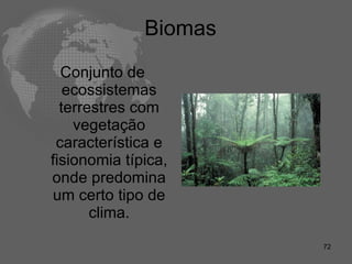 Biomas Conjunto de ecossistemas terrestres com vegetação característica e fisionomia típica, onde predomina um certo tipo de clima. 