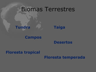 Biomas Terrestres Tundra Taiga Campos Desertos Floresta tropical Floresta temperada 
