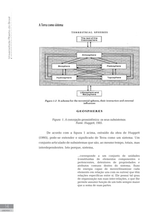 UniversidadeAbertadoBrasil
14
unidade 1
A Terra como sistema
Figura 1. A concepção geossistêmica: os seus subsistemas.
Fonte: Huggett, 1995.
De acordo com a figura 1 acima, extraído da obra de Huggett
(1995), pode-se entender o significado de Terra como um sistema. Um
conjunto articulado de subsistemas que são, ao mesmo tempo, totais, mas
interdependentes. Isto porque, sistema,
...corresponde a um conjunto de unidades
(constituídas de elementos componentes e
pertencentes, detentores de propriedades e
atributos comuns dentro do sistema; fluxo
de energia capaz de mover/dinamizar cada
elemento em relação uns com os outros) que têm
relações específicas entre si. Ele possui tal grau
de organização nas suas inter-relações, o que lhe
permite assumir função de um todo sempre maior
que a soma de suas partes.
 