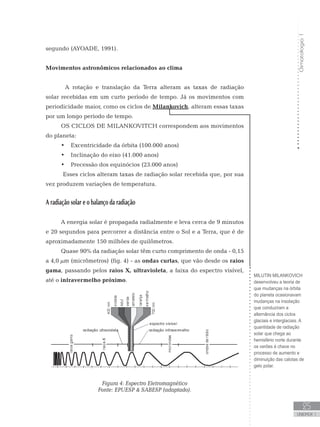 Climatologia1
25
unidade 1
segundo (AYOADE, 1991).
Movimentos astronômicos relacionados ao clima
	 A rotação e translação da Terra alteram as taxas de radiação
solar recebidas em um curto período de tempo. Já os movimentos com
periodicidade maior, como os ciclos de Milankovich, alteram essas taxas
por um longo período de tempo.
OS CICLOS DE MILANKOVITCH correspondem aos movimentos
do planeta:
Excentricidade da órbita (100.000 anos)•	
Inclinação do eixo (41.000 anos)•	
Precessão dos equinócios (23.000 anos)•	
Esses ciclos alteram taxas de radiação solar recebida que, por sua
vez produzem variações de temperatura.
A radiação solar e o balanço da radiação
A energia solar é propagada radialmente e leva cerca de 9 minutos
e 20 segundos para percorrer a distância entre o Sol e a Terra, que é de
aproximadamente 150 milhões de quilômetros.
Quase 90% da radiação solar têm curto comprimento de onda - 0,15
a 4,0 µm (micrômetros) (fig. 4) - as ondas curtas, que vão desde os raios
gama, passando pelos raios X, ultravioleta, a faixa do espectro visível,
até o infravermelho próximo.
Figura 4: Espectro Eletromagnético
Fonte: EPUESP  SABESP (adaptado).
MILUTIN MILANKOVICH
desenvolveu a teoria de
que mudanças na órbita
do planeta ocasionavam
mudanças na insolação
que conduziram a
alternância dos ciclos
glaciais e interglaciais. A
quantidade de radiação
solar que chega ao
hemisfério norte durante
os verões é chave no
processo de aumento e
diminuição das calotas de
gelo polar.
 