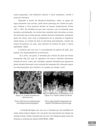 Climatologia1
43
unidade 2
muito pequenas, com diâmetro inferior a meio milímetro, recebe o
nome de chuvisco.
Segundo a teoria de Bergeron-Findeisen, sobre as gotas de
água presentes nas nuvens, pode haver presença de cristais de gelo,
que tendem a ficar maiores devido às baixas temperaturas (entre
-20º e -30º). Na medida em que eles crescem, vão se tornando mais
pesados, precipitando. Ao caírem das camadas mais elevadas, se estes
encontrarem um ar mais quente, podem derreter totalmente, formando
gotas de chuva, mas caso a temperatura do ar próximo à superfície
esteja baixa, os cristais de gelo se derretem parcialmente, caindo em
forma de granizo, ou seja, uma mistura de pedras de gelo e chuva
(AYOADE, 1983).
A saraiva, por sua vez, é a precipitação de pedras de gelo, que
podem cair separadamente ou em blocos.
	 Já a neve, em geral, é formada por cristais de gelo em forma
hexagonal (fig.13), que se aglomera em flocos. Existem diferentes
formas de neve, como, por exemplo, aquelas formadas por pequenos
grãos de gelo (havendo certa variação de tamanho) de coloração opaca
ou esbranquiçada, que tendem a se romper ao atingir o solo.
A tromba-de-água, por sua vez, é formada por um turbilhão de
vento muito intenso (figura 14), em geral com movimento de rotação de
sentido ciclone, tendo o formato de um cone. Seu diâmetro pode variar de
dezenas a centenas de metros (MOURÃO, 1988).
Figura 13: Cristais formados em
flocos de neve
Fonte: http://www.acreditesequiser.
net/category/natureza/page/4/
Figura 13 a: Outros cristais em flocos
Fonte: http://img407.imageshack.us/
img407/129/robertson1by43uu4.jpg
 