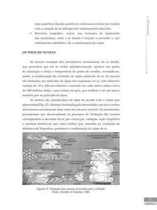 Climatologia1
97
unidade 4
Climatologia1
97
unidade 4
uma superfície líquida quente se condensa ao entrar em contato
com a camada de ar sobrejacente relativamente mais fria;
Nevoeiro orográfico: ocorre nas vertentes de barlavento•	
das montanhas, onde o ar úmido é forçado a ascender e, por
resfriamento adiabático, há a condensação do vapor.
Os tipos de nuvens
As nuvens resultam dos movimentos ascensionais do ar úmido,
que permitem que ele se resfrie adiabaticamente, alcance seu ponto
de saturação e atinja a temperatura do ponto de orvalho, iniciando-se,
assim, a condensação do conteúdo de vapor existente no ar. As nuvens
são formadas por gotículas de água em suspensão no ar, com diâmetro
variado de 10 a 100 micrômetros, contendo em cada metro cúbico cerca
de 100 milhões delas, e por cristais de gelo, que tendem a ser um pouco
maiores que as gotículas de água.
As nuvens são classificadas em tipos de acordo com a forma que
apresentam(Fig.37).Aformaédestinadapelaintensidadecomqueocorrem
movimentos ascensionais, bem como seu alcance vertical. Os movimentos
ascensionais que desencadeiam os processos de formação das nuvens
correspondem à ascensão do ar por convecção, radiação, ação orográfica
e sistemas dinâmicos, tais como frontal, que, somados às condições da
dinâmica da Troposfera, permitem a condensação do vapor de ar.
Figura 37: Situação das nuvens de acordo com a altitude
Fonte: Strahler  Strahler, 1989.
 