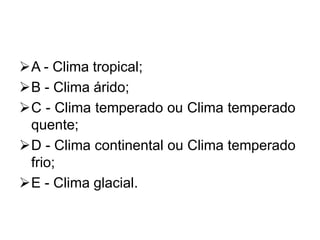 A - Clima tropical;
B - Clima árido;
C - Clima temperado ou Clima temperado
quente;
D - Clima continental ou Clima temperado
frio;
E - Clima glacial.
 