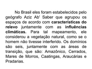 No Brasil eles foram estabelecidos pelo
geógrafo Aziz Ab' Saber que agrupou os
espaços de acordo com características do
relevo juntamente com as influências
climáticas. Para tal mapeamento, ele
considerou a vegetação natural, como se o
homem não tivesse interferido. Os domínios
são seis, juntamente com as áreas de
transição, que são: Amazônico, Cerrados,
Mares de Morros, Caatingas, Araucárias e
Pradarias.
 