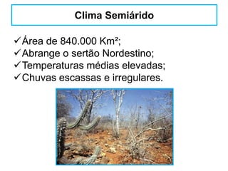 Área de 840.000 Km²;
Abrange o sertão Nordestino;
Temperaturas médias elevadas;
Chuvas escassas e irregulares.
Clima Semiárido
 