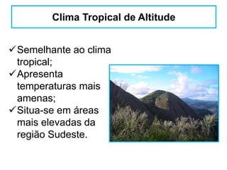 Semelhante ao clima
tropical;
Apresenta
temperaturas mais
amenas;
Situa-se em áreas
mais elevadas da
região Sudeste.
Clima Tropical de Altitude
 