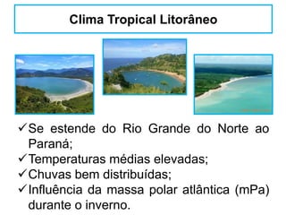 Se estende do Rio Grande do Norte ao
Paraná;
Temperaturas médias elevadas;
Chuvas bem distribuídas;
Influência da massa polar atlântica (mPa)
durante o inverno.
Clima Tropical Litorâneo
 